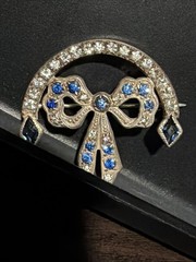 Antique R-F Silver Tone Blue Rhinestones Bow Ribbon Arch Brooch Locking Pin