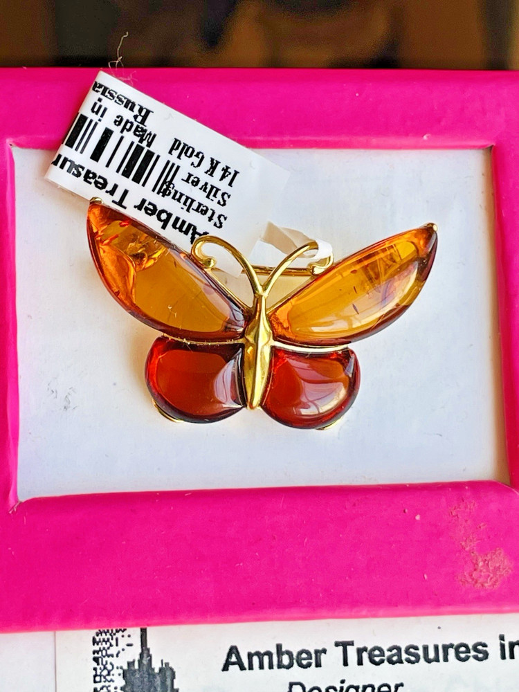 14K Gold Filled Butterfly Genuine Baltic Amber Brooch Vintage Butterscotch 925