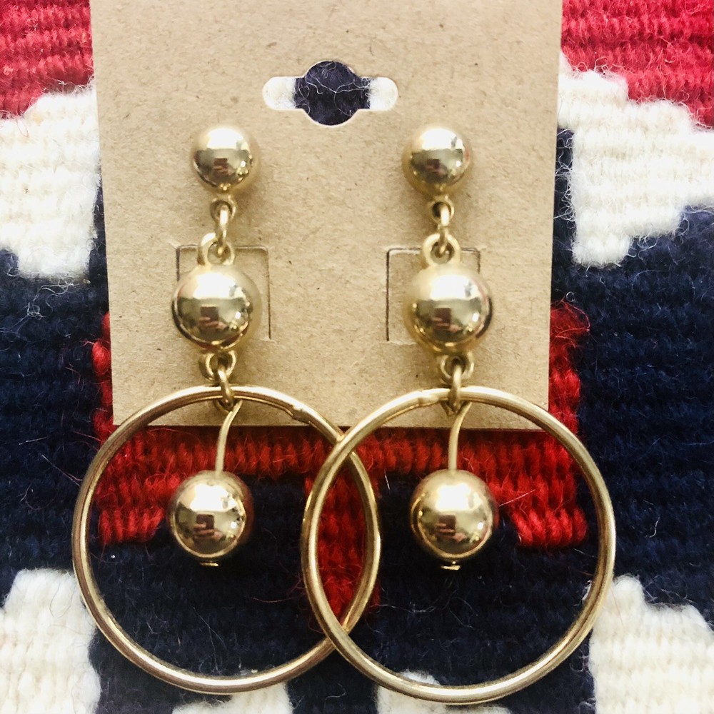 Chunky Beaded Hoop Stud Earrings Dangle Drop Gold Tone Boho Jewelry 2.25”