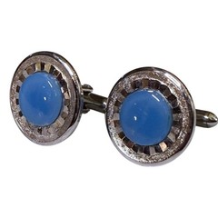 Vintage Swank Cufflinks Mens Silver Tone Blue Jewel Fluted Rim Bullet Back