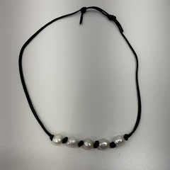 Vintage Nautical Baroque Pearl Nodded Leather Necklace Adustable 10” Drop Choker