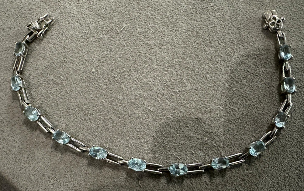 Vintage Sterling Silver Blue Topaz Bar Link Tennis Bracelet 7″