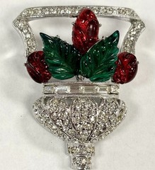 RARE Signed ART DECO 89 Floral Basket Brooch Pin Rhinestone Resin UNWORN HTF