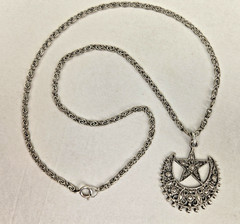 Silvertone Crescent Moon & Star Pendant Necklace Excellent Condition