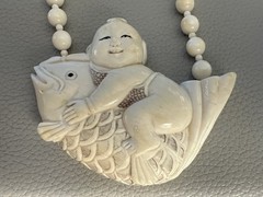 Vintage Hand Carved Natural Bone Beaded Fish Pendant Statement Necklace Signed