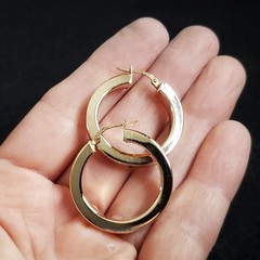 Sterling Silver Hoop Earrings Flat Edge Light Copper Tone 1 1/8″ Italy Signed