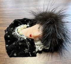 VTG Lady Face Brooch Pin Black Fur Feather Hat Faux Pearls Art Deco Statement