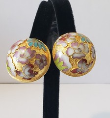 Vintage Floral Cloisonne Domed Round Clip Earrings Multicolored Gold Tone