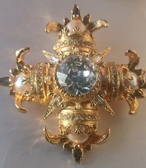 Maltese Cross Gold Tone Ornate Brooch Rhinestone Faux Pearls Signed Graziano