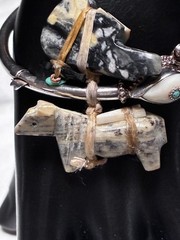 Vintage Tibet/Nepal Sterling Silver Coral Turquoise Inlaid Bone Tribal Bracelet
