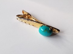 Vintage Matching Set Cufflinks, Tie Bar & Tack Gold Tone W Faux Turquoise Stones