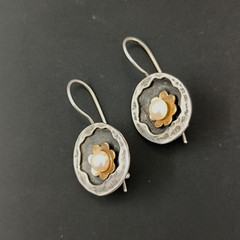 Modernist Pearl Earrings Handmade Silver Gold Israeli Artist Studio VTG Jewelry