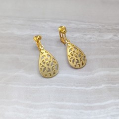 Vintage Clip On Earrings Gold Tone Ornate Cut Out Teardrop Shape Dangle Drop