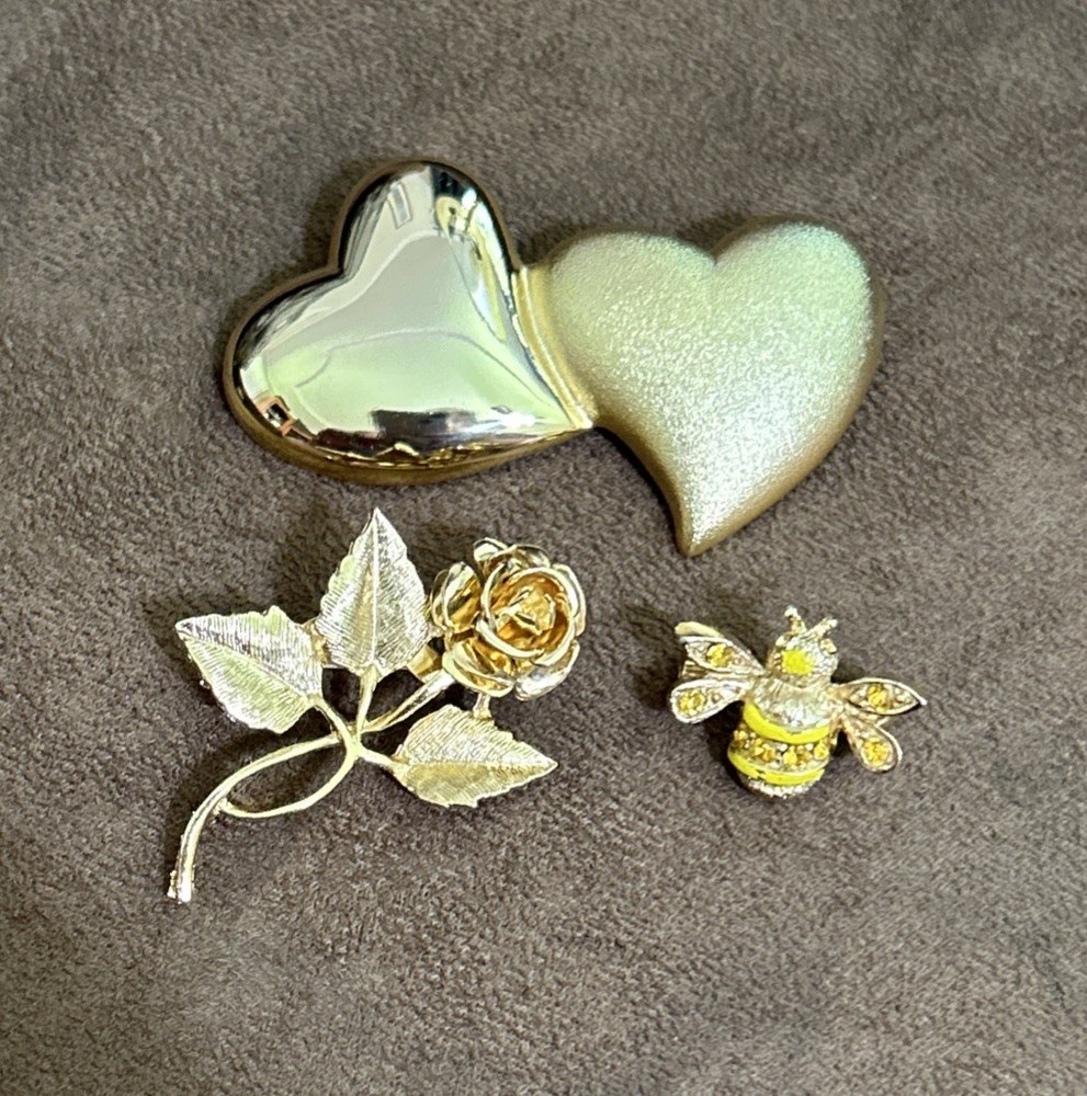 3 Vintage Goldtone Pins – Double Heart Signed Tona / Rose / Small Bumble Bee