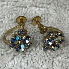 VTG Austrian Made, Stamped, Screw Back Amethyst/Blue Rhinestone Cluster, NICE