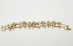 Cherub Angels Iridescent Glitter Wings Gold Tone Vtg Slide Bracelet 7.5 Inch