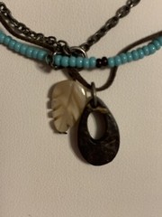 Vintage Mixed Media-Wood-Leather-Beads-Chain-Shell-Carved MOP Leaf-Necklace 15″
