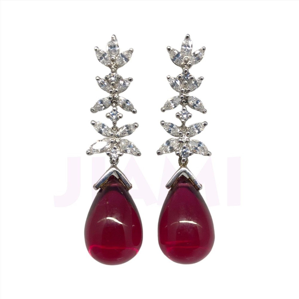 Ruby Teardrop Simulated Diamond Dangle Drop Floral Earrings Art Deco 925 Silver