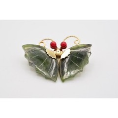 Vintage Butterfly Pin Brooch Green Cabochon Faux Jade Gold Tone 1970s BinAQ