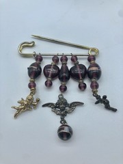 Vintage Charm Holder Safety Pin Brooch Dangling Purple Beaded Hearts Cupid Angel
