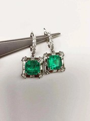Art Deco 10.81CT Colombian Emerald Square Cut & White CZ Earrings Set For Girls.