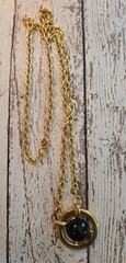 Vintage MONET Round Link Gold Tone Chain Large Black Cabochon Pendant Necklace