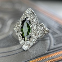 Art Deco Marquise Green Tourmaline Diamond Platinum Ring