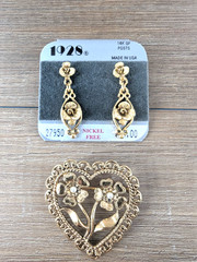 1928 floral goldtone pierced earrings nickel free and coordinating heart pin