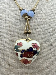 Vintage Double Sided Cloisonne Butterfly & Flowers Heart Pendant 18”