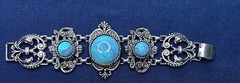 Vintage Silver Tone Filigree and Faux Turquoise Bracelet Lucite, 1950-1970’s.