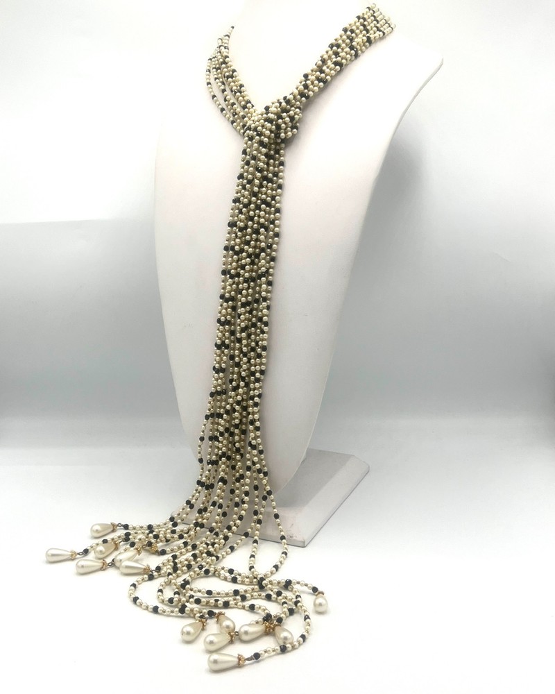 Vtg Jomaz/Joseph Mazer Signed Pearl/Blk Bead Lariat Necklace–7 Strand Scarf Styl
