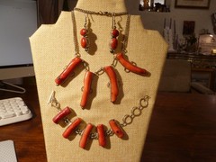 Contemporary Branch Raw Coral Necklace Bracelet Earrings Set On Sterling Silver