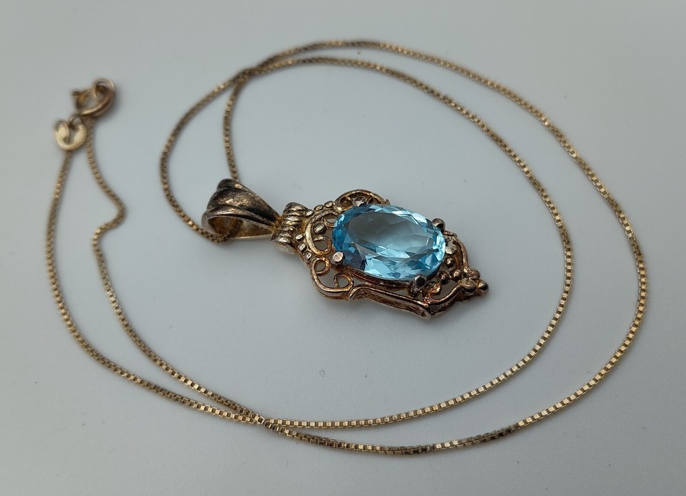 Vtg Pastel Oval Blue Faceted Stone Filigree Sterling Silver Pendant Necklace 925