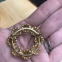 Vintage Austria Stamped Red Rhinestone Circle Brooch with AB Crystals Prong Set