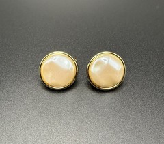 Vintage Monet White Faux Pearl Gold Tone Bezel Stud Button Clip On Earrings 3/4″