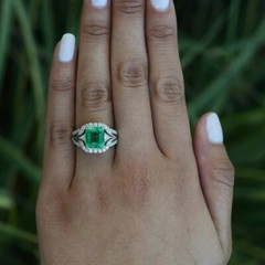 3Ct Lab Created Green Emerald Diamond Engagement Art Deco Ring 14K White Gold FN