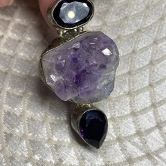 Sterling Silver 925 Amethyst Pendant with Raw Crystal Cluster – 62mm