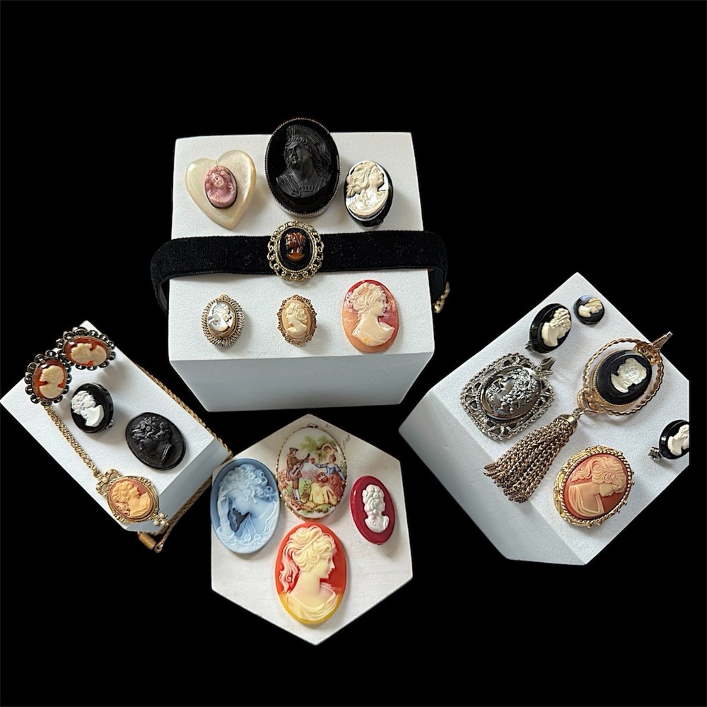 Vtg To Now Costume Jewelry Lot Cameos 21 Pieces Some Signed Carved Shell Germany