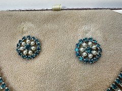 VTG B. David Faux-Emerald Rhinestone F Seed Pearl Necklace Earrings Bracelet SET