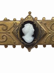 Victorian Gold filled bar pin with cameo on top of black onyx centerpiece