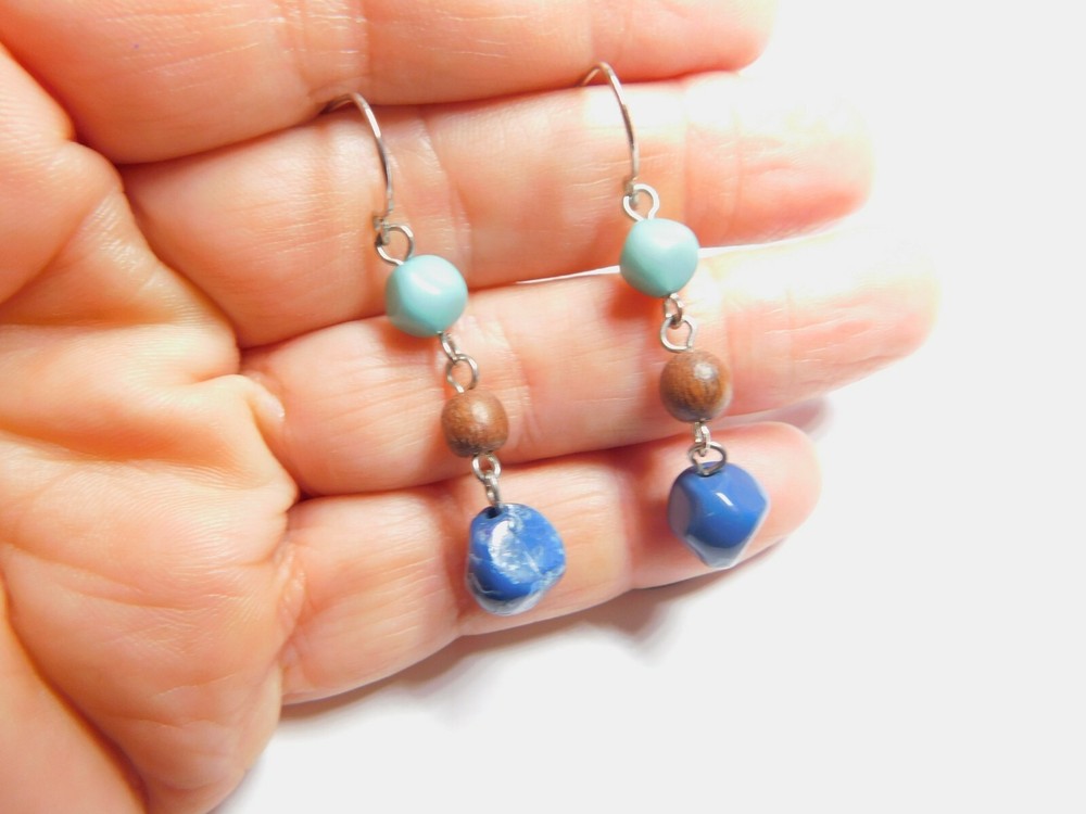 Blue Brown Plastic Faux Stone Bead Dangle Pierced Earrings Vintage