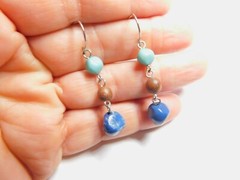 Blue Brown Plastic Faux Stone Bead Dangle Pierced Earrings Vintage