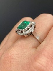 Colombian Green 3Ct Lab Created Emerald Old Mine Cut 14K White Gold Finish Ring