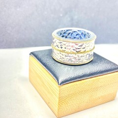 Vintage KC Indo Sterling Silver & 14k Gold Hammered Double Banded Ring Size 7