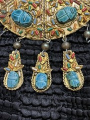 Vintage Egyptian Revival Pectoral Statement Necklace Glaze Soapstone Scarab Gilt