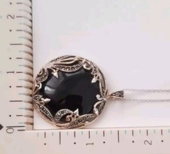 Vintage Retro Sterling Silver Pendant Necklace Round Onyx Marcasite