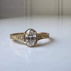 Vintage 2CT Oval Lab Created Diamond Ring Engraved Filigree 14K Yellow Gold Over