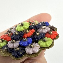 Vtg 1940s Miriam Haskell Brooch Wired Lucite Flower Filagree Pin 1.5″ Colorful