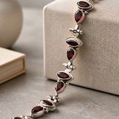 Garnet Bracelet Sterling Silver Link Marquise Teardrop Red Gemstone Wave 925
