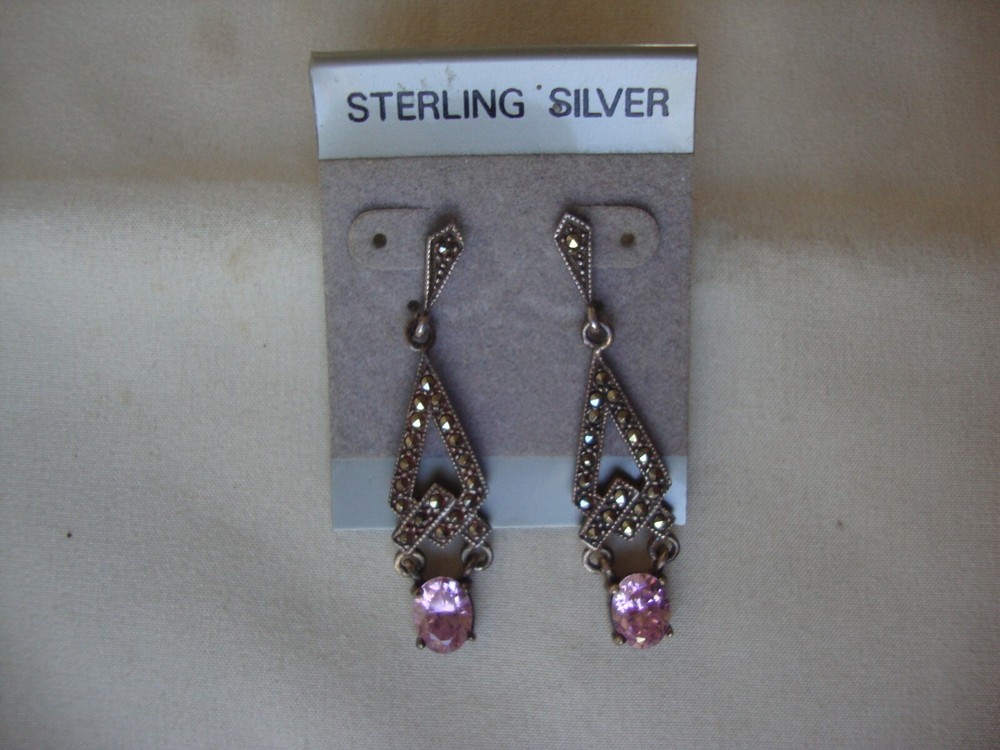 VINTAGE OPENWORK TEARDROP PINK TOPAZ W/MARCASITE SILVER 925 DANGLE STUD EARRINGS